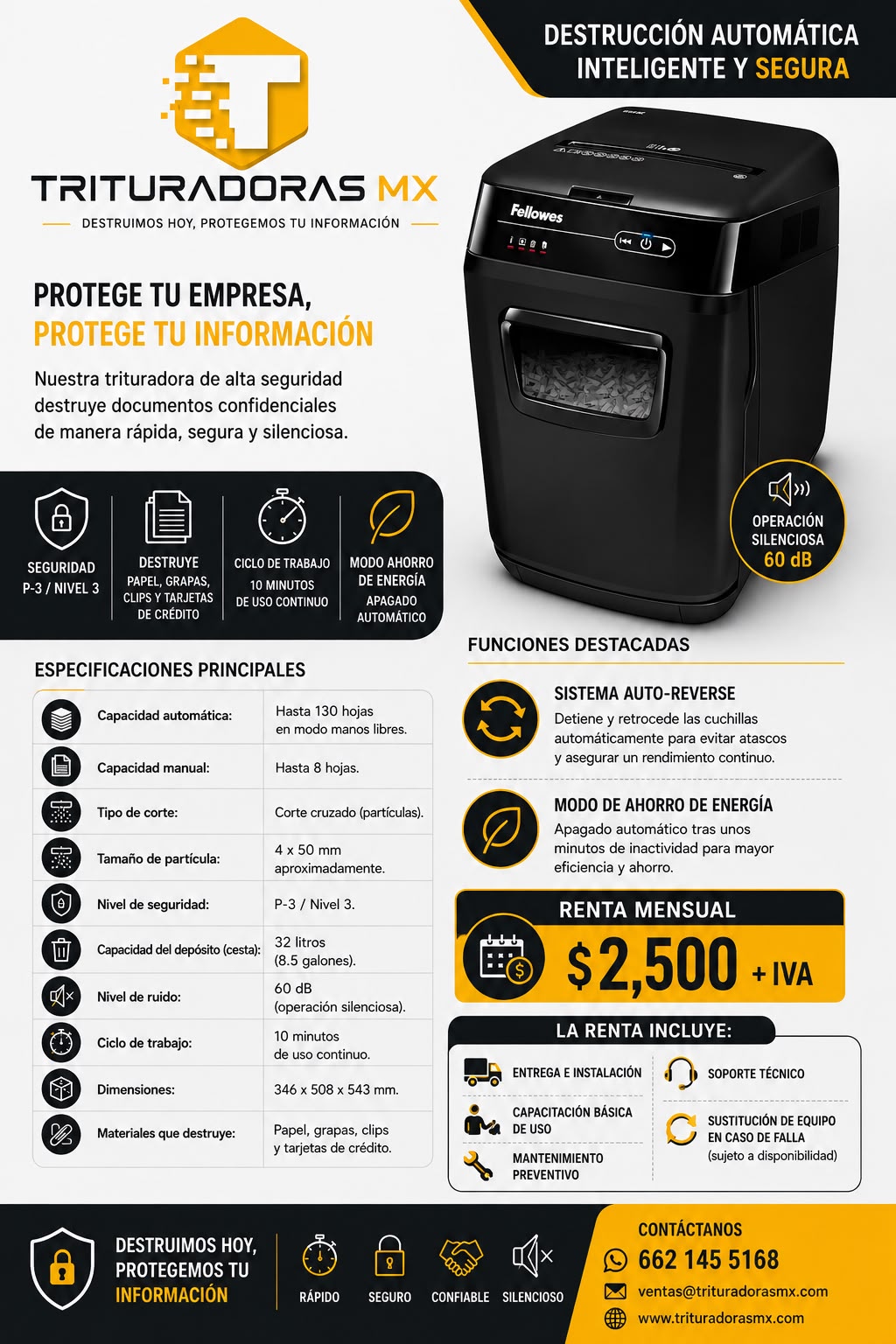 Boceto de Trituradoras MX con trituradora de papel y detalles del servicio
